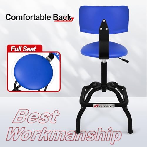Shop Stool with Backrest, Mechanic Garage Stool for Workshop, Adjustable Shop Stools Chair, Padded Workbench Stools for Men Women, 300 LBS Capacity, 360° Swivel PVC Seat, Heavy Duty, Blue - Image 6
