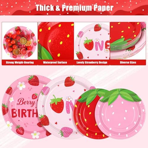 Kochorie 96 Pieces Berry First Birthday Decor Disposable Strawberry Tableware Set Include Fruit 7/9 Inch Paper Plates Cups Napkins Serve 24 Guests for Sweet One Baby Shower Berry Party Supplies - Image 3