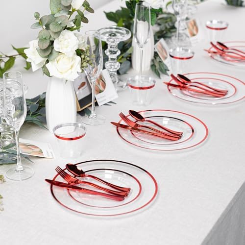 N9R 600PCS Clear & Red Plastic Plates, Disposable Dinnerware Set Heavy Duty - Image 5