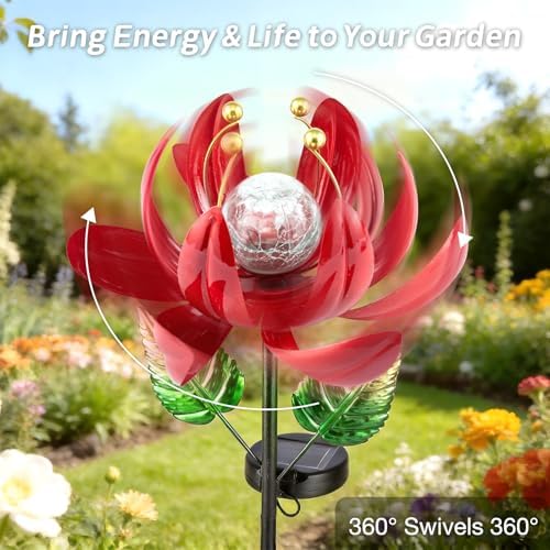 AIINY Solar Lights Outdoor Garden Decor, Solar Wind Spinner Yard Decorations Gifts for Outside, Lotus Windmill Pathway with LED Cracked Crystal Ball Waterproof Flower Sculpture for Patio Lawn - Image 4