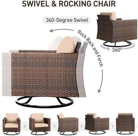 UDPATIO Patio Furniture Set, 6 Pieces Outdoor Furniture Sets with Rocking Swivel Chairs, Wicker Rattan Outdoor Conversation Set with Storage Table and Waterproof Covers for Backyard Deck Porch, Khaki - Image 4