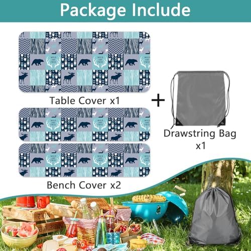 Picnic Table Cover with Bench Covers, Camping Essentials, Rustic Cabin Deer Bear Stripes Waterproof Windproof Patio Table Cover, Fitted Tablecloth Cover with Elastic Edge for Outdoor 3 PCS 30x96 Inch - Image 6