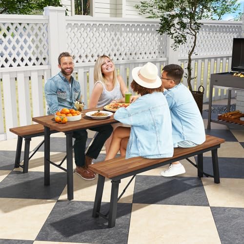 Tangkula Outdoor Dining Table With Benches for 4-6 Persons, No Assembly Foldable 59 Inches Narrow Patio Dining Table with Acacia Wood Top & Heavy Duty Metal Frame, for Yard, Garden, Poolside or Indoor - Image 2