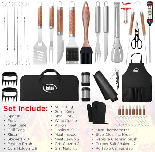 Kaluns 50PC BBQ Grill Tools Set – Heavy Duty Stainless Steel Grill Accessories Kit with Case, Apron, Hooks, Thermometer, Injector, Claws & Mats – Fathers Day Gift for Dad, Men - Image 6