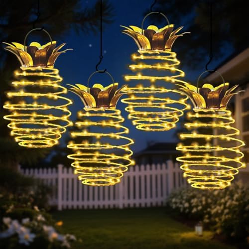 JHPGEOE 4 Pack Outdoor Solar Hanging Lantern Lights - 60LED Waterproof Solar Pineapple Light Outdoor for Garden,Yard Porch Lawn Backyard Landscape Pathway Patio Outside Gardening by JHPGEOE%7CIlluminateYourLife