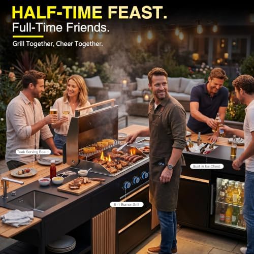 Outdoor Kitchen Island with Natural Teak and Powder Coated Stainless Steel Cabinet, LP Grill, Sink, Fridge, Movable BBQ Station Set for Backyard, Patio, Garden, Deck, Terrace (Grey, 4 SET) - Image 4