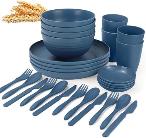 Wrova Wheat straw plates and bowls sets with cutlery - Unbreakable wheat straw dinnerware sets - Dishwasher safe plates,bowls,cups for apartment.Blue by WROVA