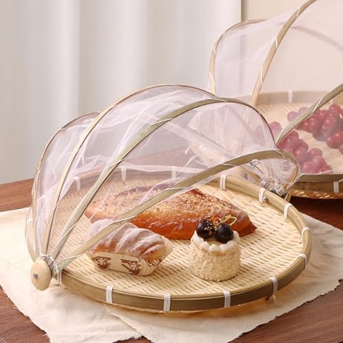 Round Basket Hand Woven Food Serving Basket with Mesh Gauze Cover for Picnics Camping and Home Kitchen Storage 2PCS Set 36x20cm 30x18cm - Image 2