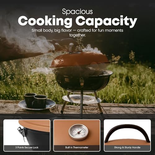 GasOne 14-inch Portable Charcoal Barbecue Grill with Thermometer Lux Brown - Image 5