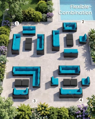Patio Furniture Set - All-Weather - 10 Piece Patio Outdoor Conversation Set, Modular Wicker Rattan Sectional Sofa for Backyard, Garden, Poolside, Balcony, Porch, Patio, Black/Peacock Blue - Image 7