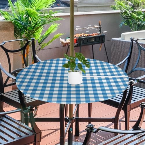Fitted Round Tablecloth with Umbrella Hole and Zipper Buffalo Plaid Outdoor Elastic Table Cloth 36"-44" Oil-Proof Waterproof Moroccan Patio Table Cover for Dining Picnic Party, Blue and White - Image 2