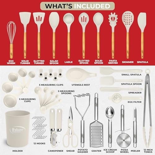 Kaluns 50 PCS Silicone Kitchen Utensils Set Complete Kitchen Set - 800°F Heat Resistant Non-Stick Premium Silicone Cooking Utensils W Wooden Handles - Can Opener, Masher, Turner, Silicone Spatula Set - Image 2