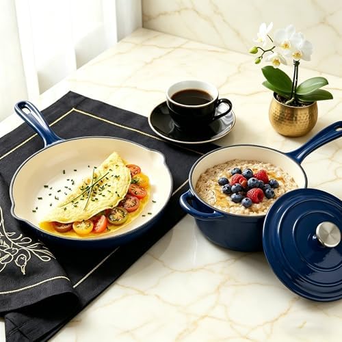 QuliMetal Enameled Cast Iron Cookware Set, 4-Piece Pots and Pans Set with Lids, 10.25" Skillet, 2QT Saucepan, 2.8QT & 4.8QT Dutch Ovens, Oven Safe to 500°F, All Stovetops Compatible - Navy Blue - Image 5