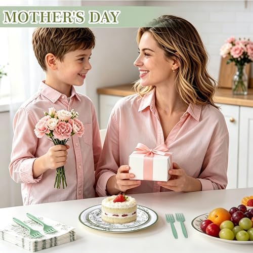 100 Pcs Disposable Sage Green Flower Tableware Set for 25 Guests - Image 4