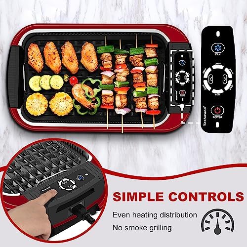 Indoor Smokeless Grill, Techwood 1500W Electric Indoor Grill with Tempered Glass Lid, Portable Non-stick Korean BBQ, Turbo Smoke Extractor Technology, Drip Tray& Double Removable Plate, Red - Image 4