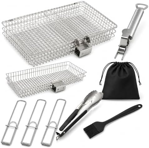 8-Piece BBQ Grill Basket Set - Stainless Steel Vegetable Grilling Basket with Detachable Handle & Lid, Portable Fish Grilling Basket & Meat Roaster, Grilling Gifts for Men Dad by Unknown