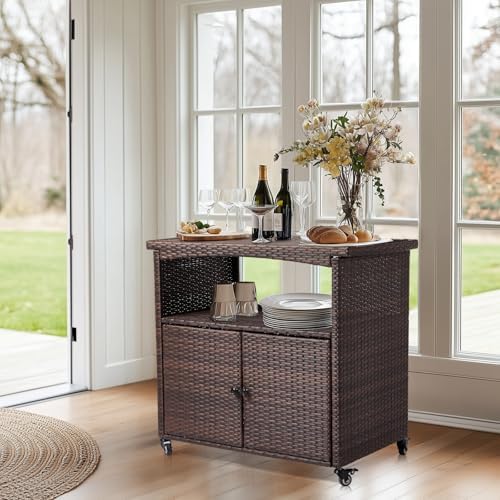 VINGLI Outdoor Storage Cabinet with Wheels, Waterproof Woven Rattan with Double Magnetic Doors, Mobile Multi-Purpose Cabinet for Storage, Buffet Server, Bar Table, Potting Bench (Wood Top) by VINGLI