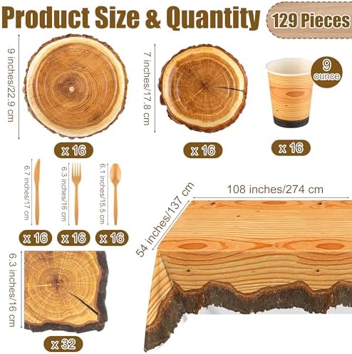 Kochorie 129 Pieces Rustic Wood Slice Paper Party Supplies Tableware Set - Image 2