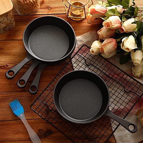Skylety 10 Sets 6. 3 Inches Mini Cast Iron Skillets Small Black Sizzling Plate Cast Iron Skillets Frying Pan Set with Oil Brush for Indoor Outdoor Restaurant Kitchen - Image 4