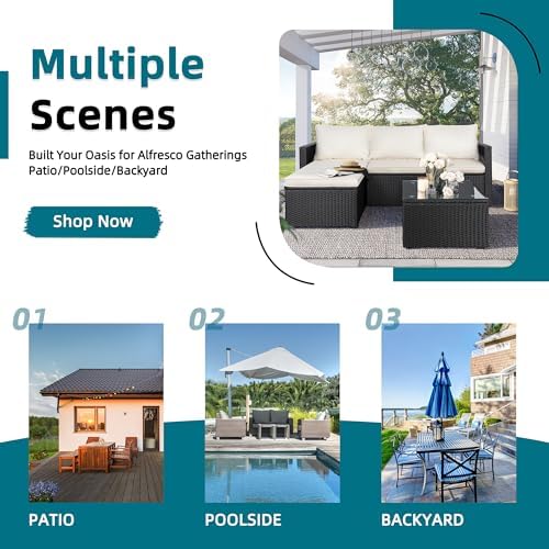 SUNLEI Patio Furniture Set with Detachable Soft Cushions, Outdoor PE Rattan Patio Conversation Sofa Set, 3-Piece Patio Sectional Sofa with Glass Coffee Table (Black Rattan&White) - Image 6
