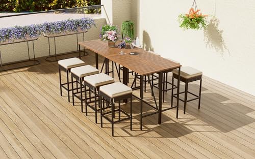 GO 10-Piece Outdoor Acacia Wood Bar Height Table And Eight Stools With Cushions, Garden PE Rattan Wicker Dining Table, Foldable Tabletop, High-Dining Bistro Set, All-Weather Patio Furniture, Brown - Image 3