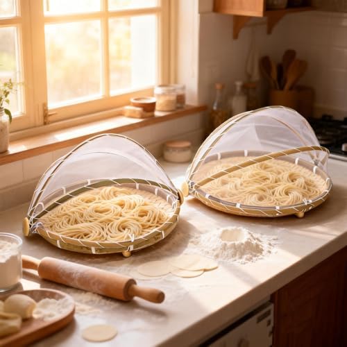 Round Basket Hand Woven Food Serving Basket with Mesh Gauze Cover for Picnics Camping and Home Kitchen Storage 2PCS Set 36x20cm 30x18cm - Image 4