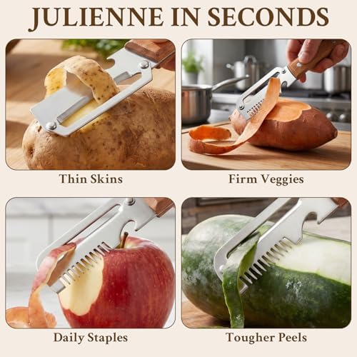 2026 Upgrade Vegetable Peeler and Julienne Peeler Set, Stainless Steel Vegetable Peelers for Kitchen with Wood Handles and Bottle Opener, 2-Pcs Multifunctional Vegetable Peeler Set - Image 5
