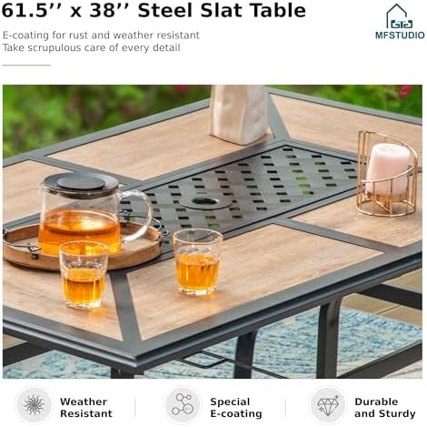MFSTUDIO Outdoor Dining Table for 6, Long Metal Table w/Umbrella Hole - Image 5