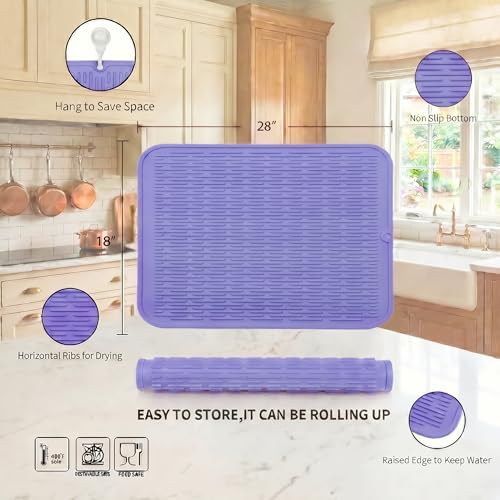 MicoYang Silicone Dish Drying Mat for Multiple Usage,Easy clean,Eco-friendly,Heat-resistant Silicone Mat for Kitchen Counter or Sink,Refrigerator or Drawer Liner Light Purple 3XL 28 inches x 18 inches - Image 2