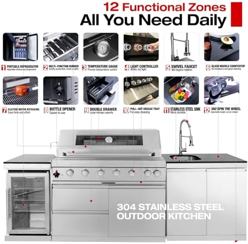 Outdoor Kitchen Island, 95.5 Inch 85000 BTU Propane Gas Grill Combination With Refrigerator and Sink, Outdoor Stainless Steel Barbecue Bar, 6 Burner Propane Grill for Patios, Gardens, Parties - Image 3