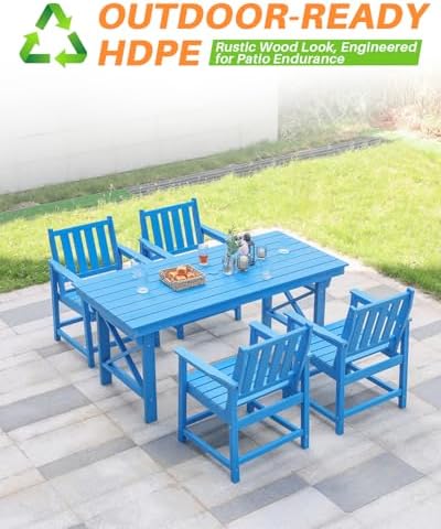 HDPE Patio Dining Set, 5-Piece Outdoor Table and Chairs with Umbrella Hole, Modern Outdoor Dining Set for 4, HDPE Outdoor Patio Furniture Dining Sets for Deck, Poolside, Porch, Sky Blue - Image 6