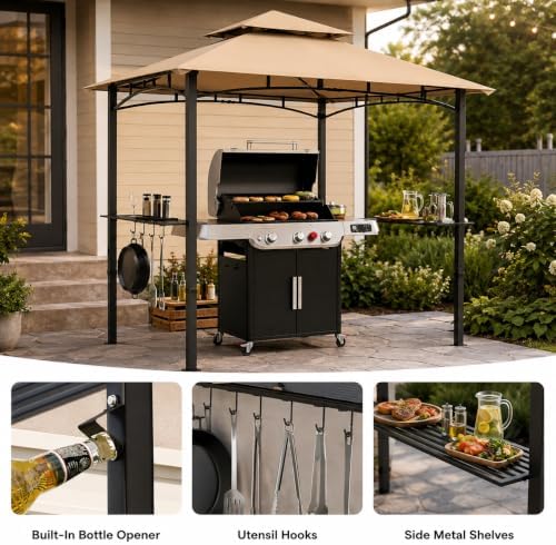 Garvee 8x5 Grill Gazebo, Outdoor BBQ Canopy Shelter with Double Tiered Roof Ventilation - Heavy Duty Patio Canopy Tent Steel Frame for Backyard Garden Lawn Grilling Party Picnic Cooking Events, Brown - Image 5