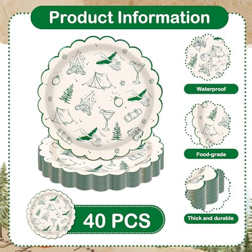 JarThenaAMCS 40Pcs Camp Bachelorette Party Paper Plates Summer Camping Theme Scalloped Disposable Plate Green Dessert Salad Plate for Wedding Bridal Shower Birthday Party Decor, 9 Inch - Image 3