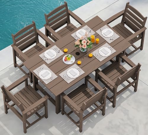 SERWALL 7 Pcs Outdoor Dining Set, 67" HDPE Dining Set for 6, Coffee by SERWALL