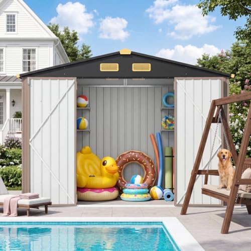 IRONCK Storage Shed, 9.7 x 7.7 FT Tool Shed with Lockable Doors, Brown - Image 3