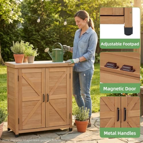 Outdoor Storage Cabinet with Metal Tabletop, Cedar Wood Garden Workstation - Image 6