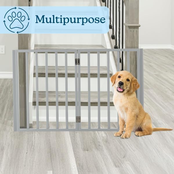 Pet Gate - 4-Panel Indoor Foldable Dog Fence for Stairs, Hallways, or Doorways - 72x24-Inch Retractable Wood Freestanding Dog Gates by PETMAKER (Gray) - Image 4