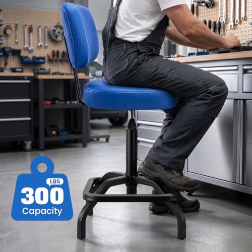 Shop Stool, Garage Stool with Backrest, Mechanic Chair for Workshop, Blue - Image 4