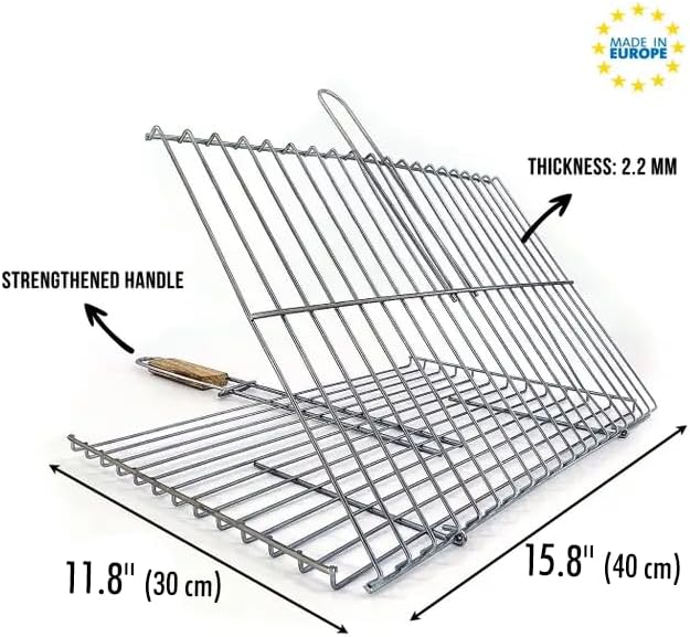 Hakan Grill Basket 11.8 x 15.8-inch for Outdoor Grill, Barbecue Basket for Fish, Steak, Chicken, Vegetables, Shish Kabob and Shrimp, Large Lockable Basket with Wooden Handle, Stainless Steel, BBQ - Image 3