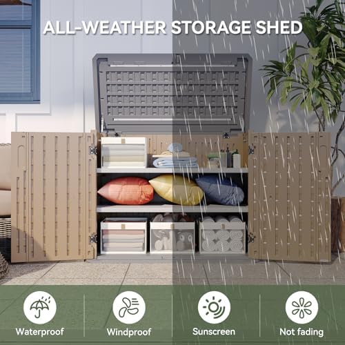 Aoxun Outdoor Storage Cabinet with 2 Shelves, 35 Cu Ft Waterproof Portable Horizontal Resin Shed Outdoor Storage for Garbage Bin, Generators & Yard Gear, and Lawn Mower (Brown) - Image 3