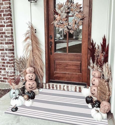 Grey and White Outdoor Doormat 24"x35"Cotton Washable Striped Outdoor Rug - Image 5