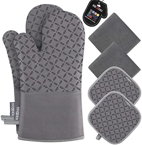 KEGOUU Oven Mitts and Pot Holders 6pcs Set, Kitchen Oven Glove High Heat Resistant 500 Degree Extra Long Oven Mitts and Potholder with Non-Slip Silicone Surface for Cooking (Grey) by KEGOUUOvenMitt