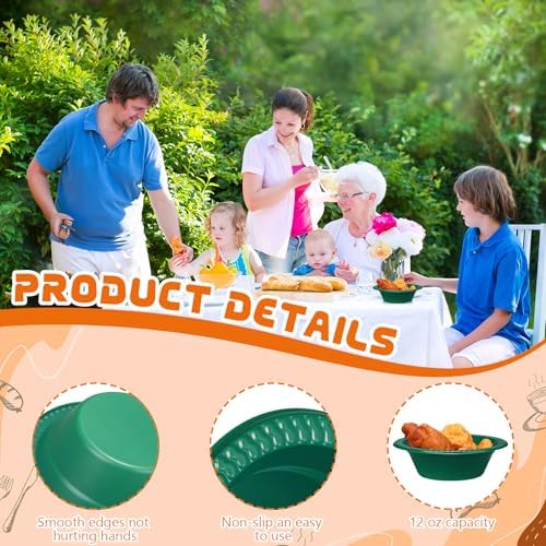 24 Pack 12 oz Disposable Plastic Bowls Dessert, Ice Cream, Salad, Soup Serving Cups for Party, Picnic, Food Snacks (Dark Green) - Image 3