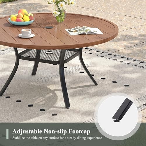 47.2" Patio Dining Table for 6, Round Outdoor Metal Dining Table with Umbrella Hole for Lawn Garden Backyard, Walnut - Image 5