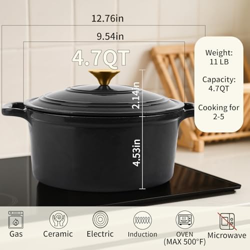 Enamel Cast Iron Dutch Oven with Lid, Round Casserole Pot for Bread Baking, Braising, Roasting, and Stews, Heavy-Duty, Oven Safe, Induction Compatible (4.7QT,Grey) - Image 2