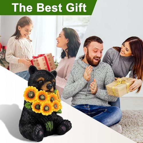 Solar Garden Lights Outdoor Statues Black Bear with Sunflowers - Image 5