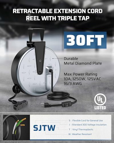 DEWENWILS Retractable Extension Cord Reel, Metal Reel with 30FT Power Cord - Image 3