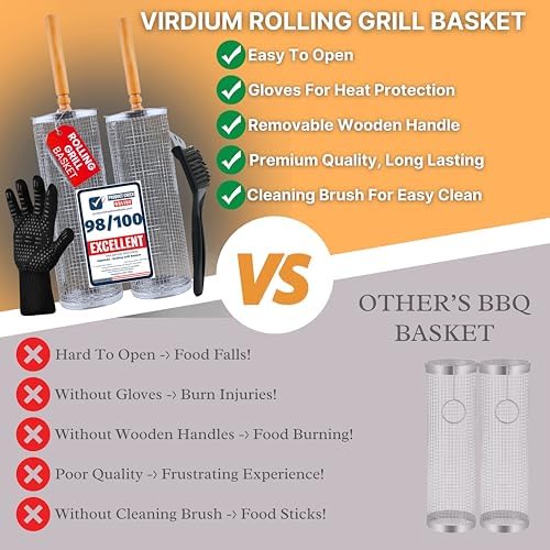 2 XL Rolling Grill Basket For Veggies Removable Wooden Handle 304 Stainless Steel Nesting Smoker Net BBQ Grilling Accessories Tools Kebab Fish Vegetable Steamer Basket Camping Cooking Outdoor Kitchen Food Rotisserie Barbeque Cooking Grilling Gifts For ... - Image 3