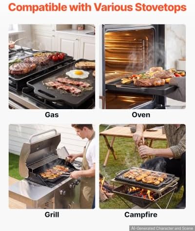 VEVOR Reversible Grill/Griddle 18x9 in Pre-Seasoned Cast Iron Pan Handle - Image 5