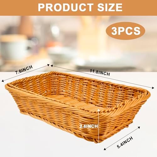 3 Pack Wicker Bread Baskets, 12 Inch Rectangular Serving Trays - Image 2